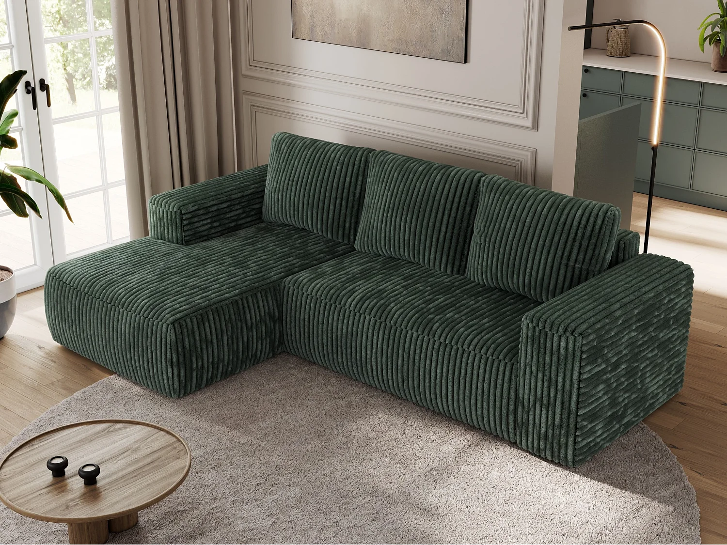 Ecksofa TRENTINO - mit Schlaffunktion und Bettkasten, L-form Couch, lose Kissen und Armlehnen - Grün Cord - Ecke Links