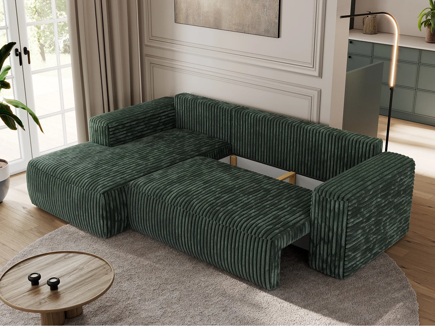 Ecksofa TRENTINO - mit Schlaffunktion und Bettkasten, L-form Couch, lose Kissen und Armlehnen - Grün Cord - Ecke Links