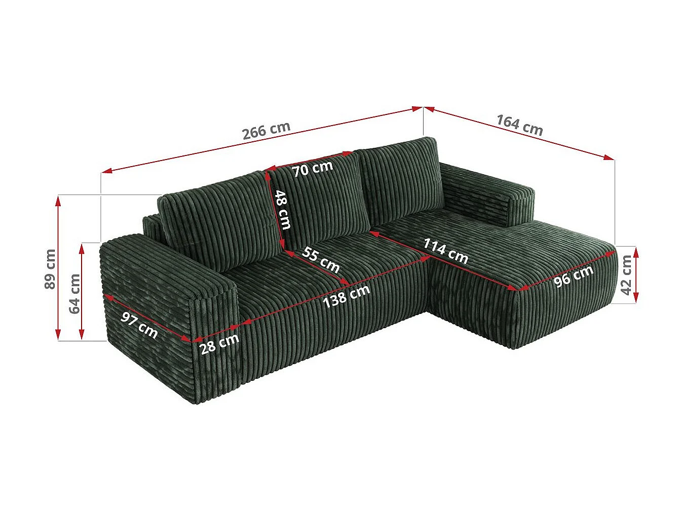 Ecksofa TRENTINO - mit Schlaffunktion und Bettkasten, L-form Couch, lose Kissen und Armlehnen - Grün Cord - Ecke Links