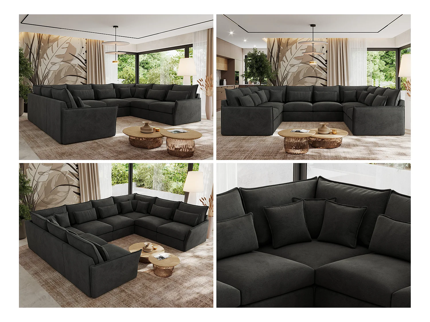 Ecksofa VERSO U8M - modulare U-förmige Ecke mit Armlehnen, Wohnlandschaft, Ecksofa XXL, lose Kissen - Dunkelgrau Velvet