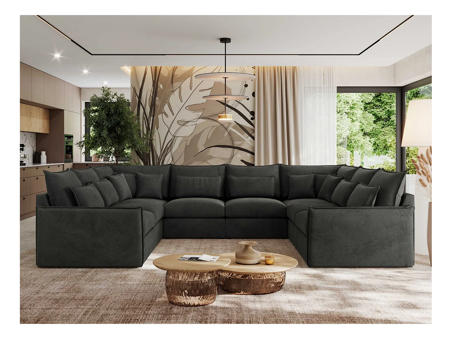 Ecksofa VERSO U8M - modulare U-förmige Ecke mit Armlehnen, Wohnlandschaft, Ecksofa XXL, lose Kissen - Dunkelgrau Velvet