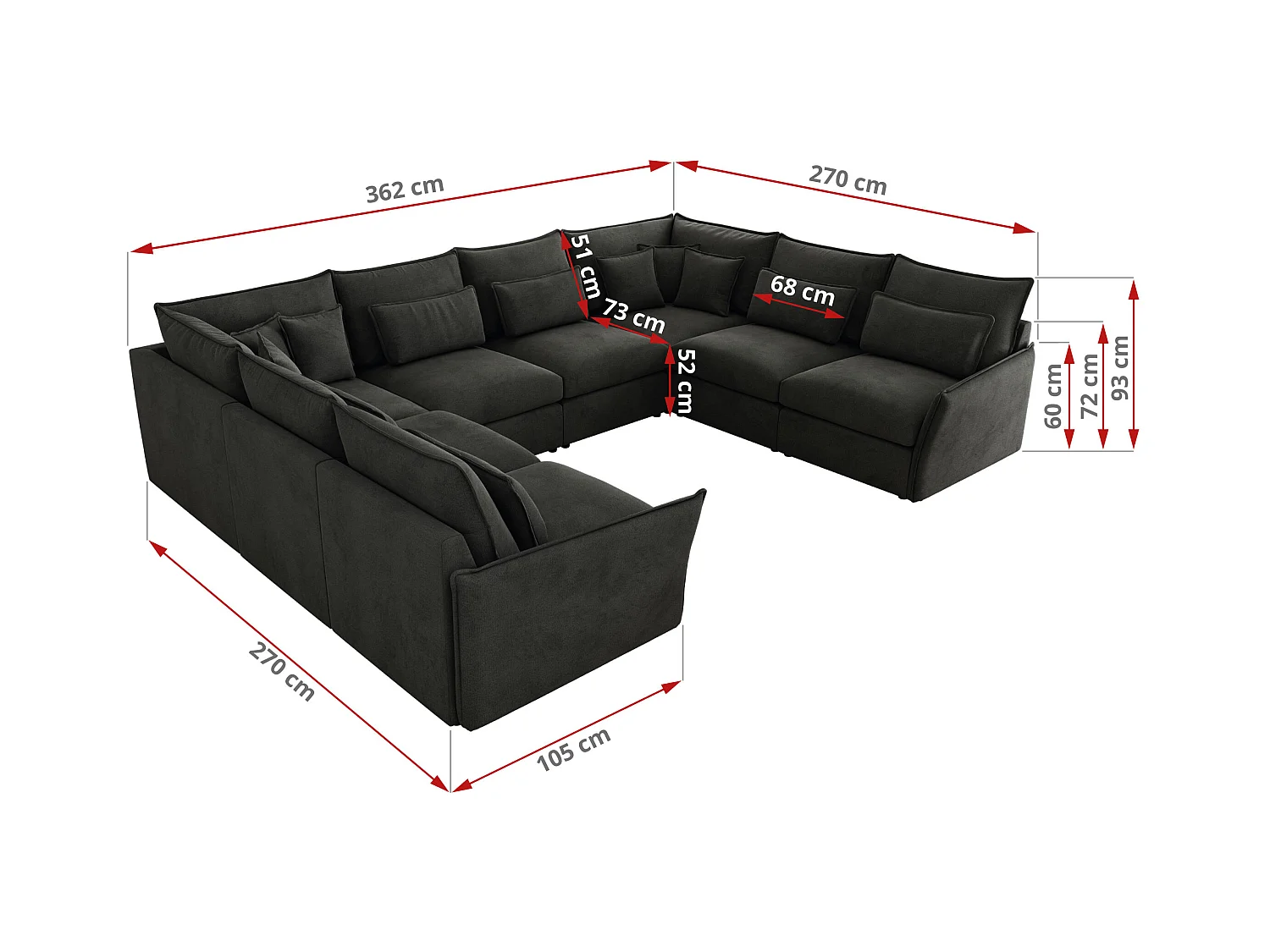 Ecksofa VERSO U8M - modulare U-förmige Ecke mit Armlehnen, Wohnlandschaft, Ecksofa XXL, lose Kissen - Dunkelgrau Velvet