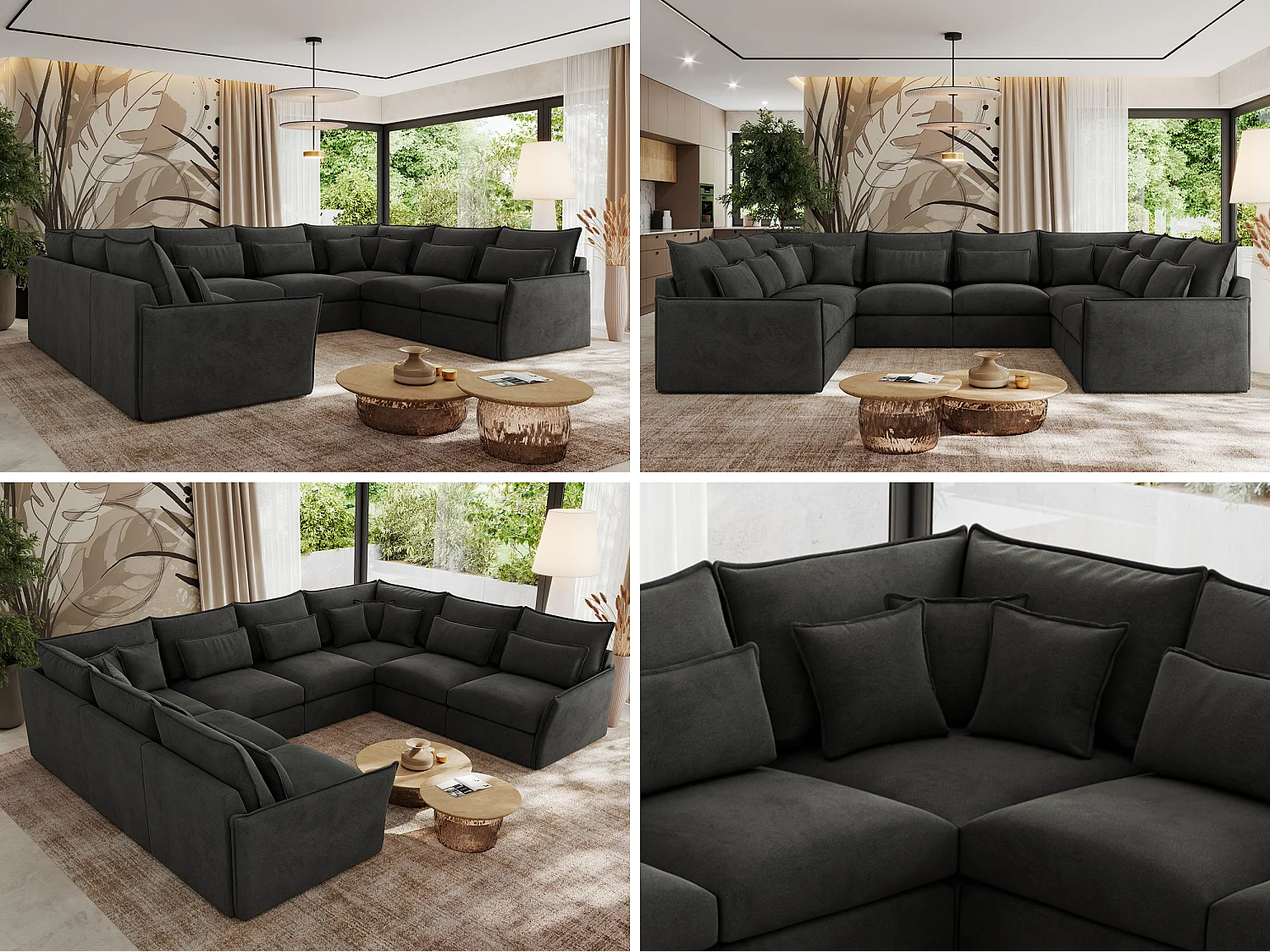 Ecksofa VERSO U8M - modulare U-förmige Ecke mit Armlehnen, Wohnlandschaft, Ecksofa XXL, lose Kissen - Dunkelgrau Velvet