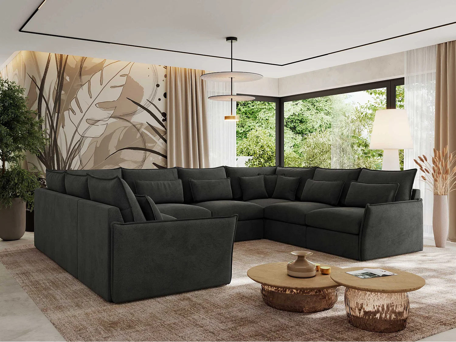 Ecksofa VERSO U8M - modulare U-förmige Ecke mit Armlehnen, Wohnlandschaft, Ecksofa XXL, lose Kissen - Dunkelgrau Velvet