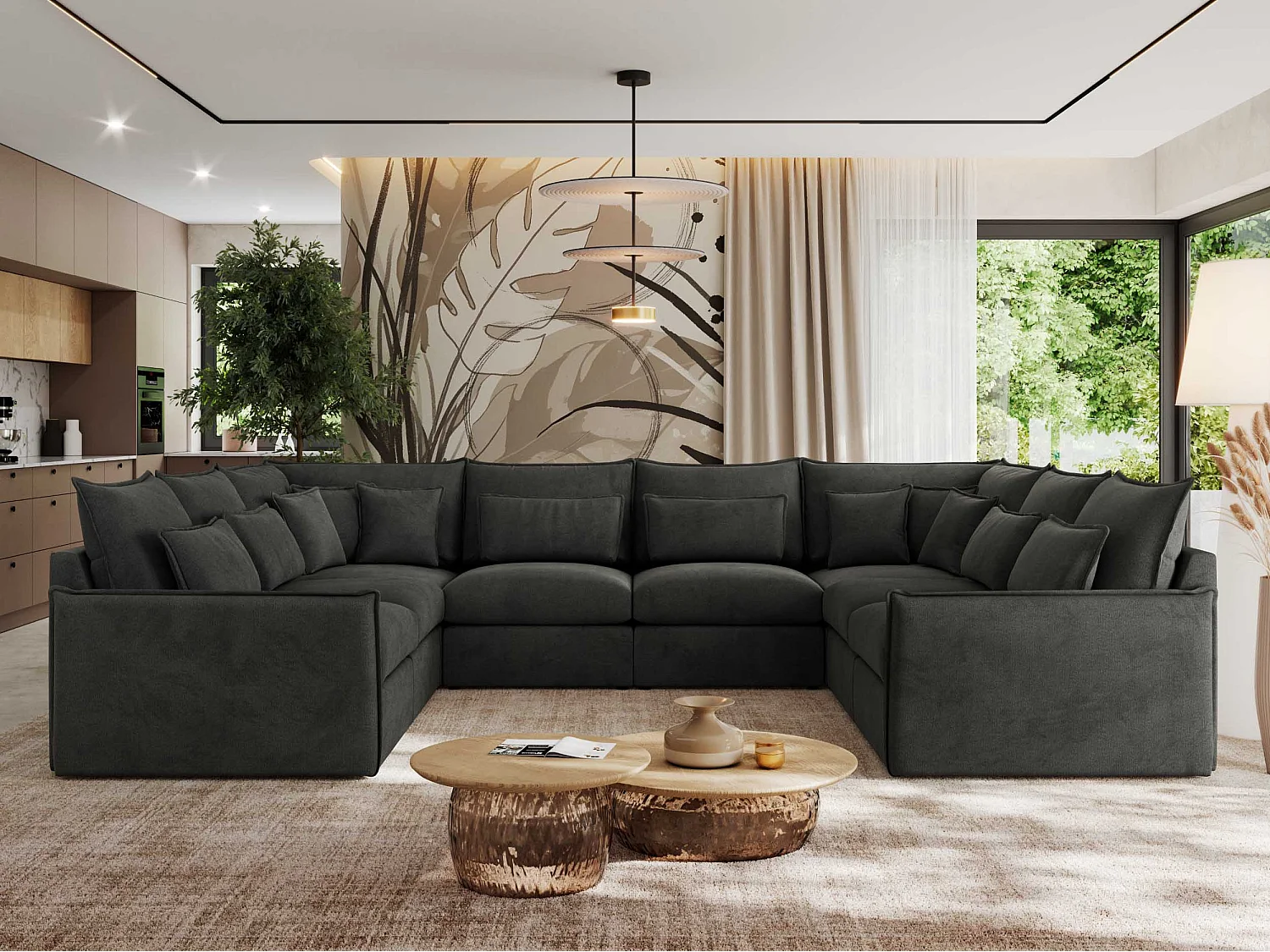 Ecksofa VERSO U8M - modulare U-förmige Ecke mit Armlehnen, Wohnlandschaft, Ecksofa XXL, lose Kissen - Dunkelgrau Velvet