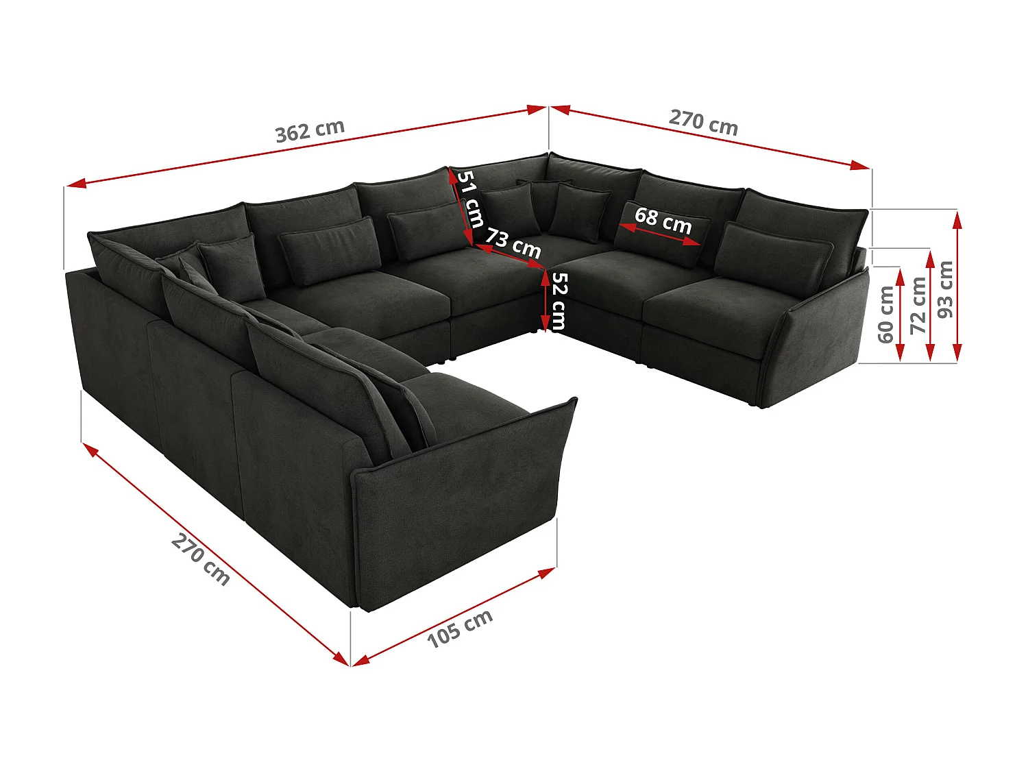Ecksofa VERSO U8M - modulare U-förmige Ecke mit Armlehnen, Wohnlandschaft, Ecksofa XXL, lose Kissen - Dunkelgrau Velvet