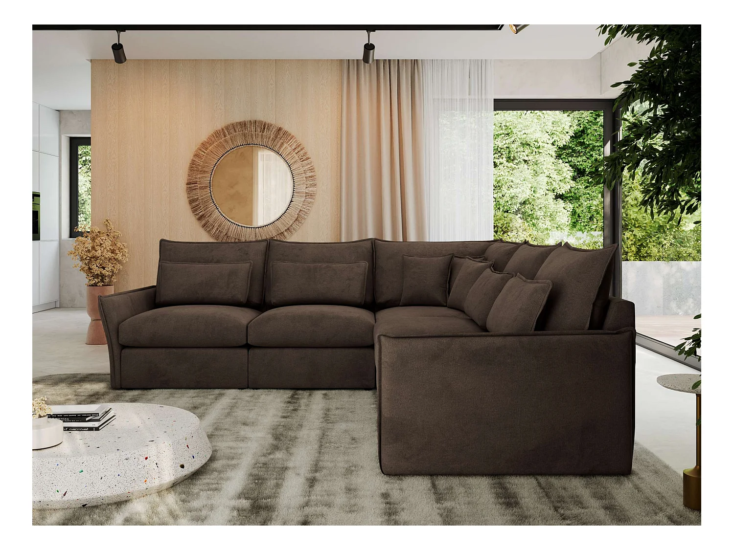 Ecksofa VERSO - modulare L-förmige Ecke, lose Kissen, Wohnlandschaft - Braun Velvet