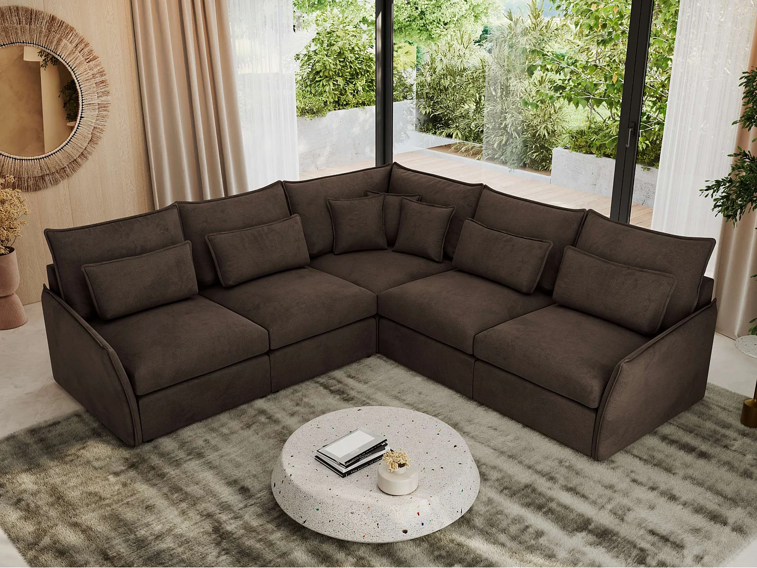 Ecksofa VERSO - modulare L-förmige Ecke, lose Kissen, Wohnlandschaft - Braun Velvet