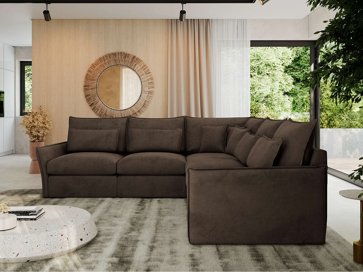 Ecksofa VERSO - modulare L-förmige Ecke, lose Kissen, Wohnlandschaft - Braun Velvet