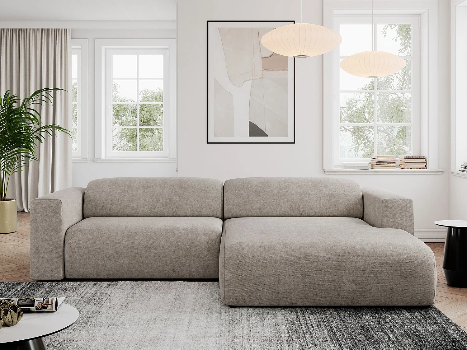 Ecksofa PASADENA - mit Armlehnen, Wohnlandschaft, freistehendes Sofa, große Ecke - Beige Stukture - Ecke Rechts