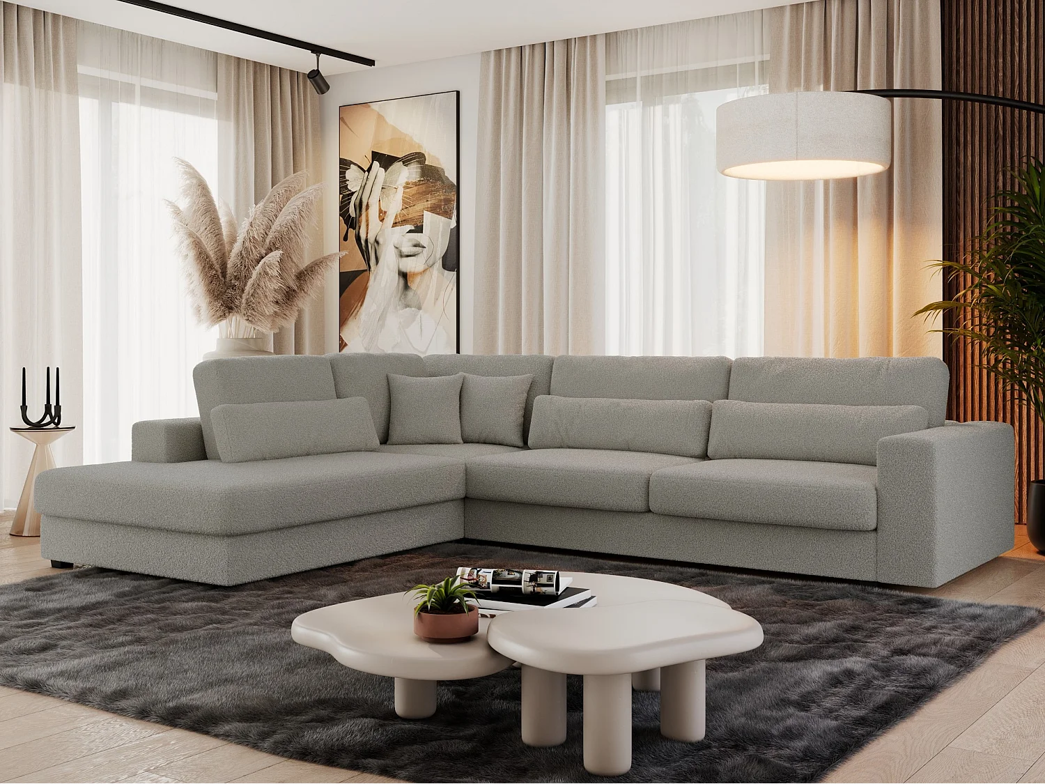 Ecksofa SAVONA - mit Armlehnen, lose Kissen, große L-förmige Ecke, Wohnlandschaft - Grau Boucle - Ecke Links