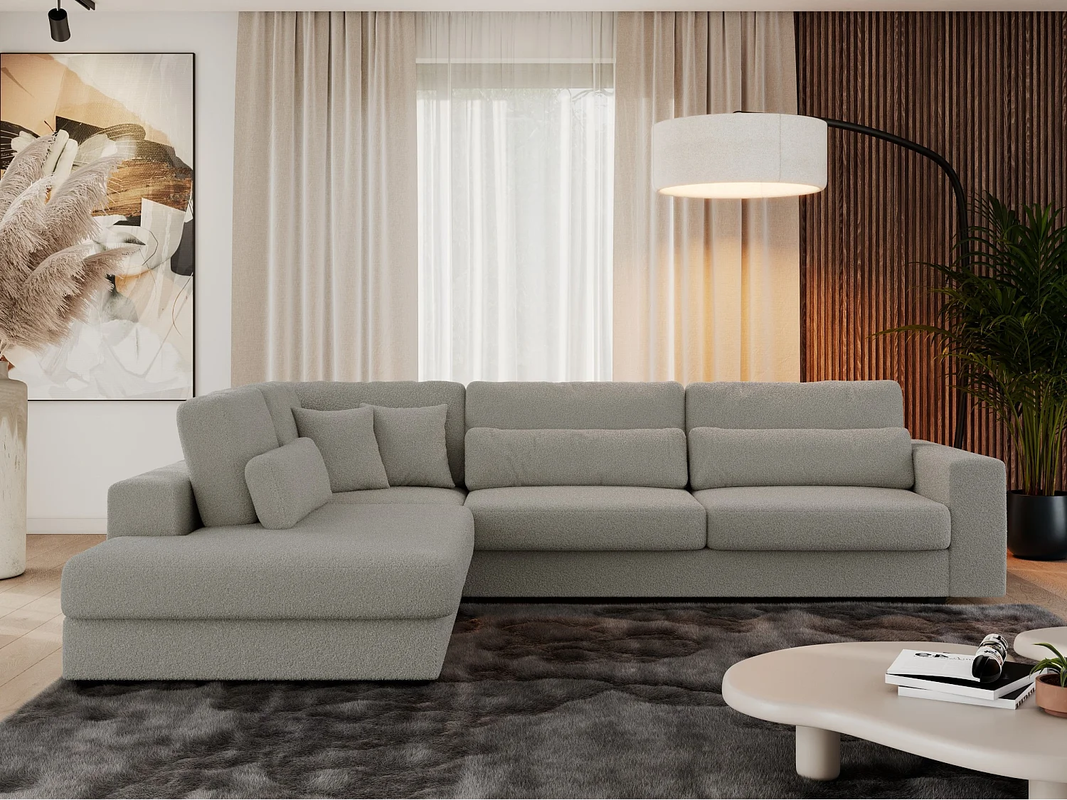 Ecksofa SAVONA - mit Armlehnen, lose Kissen, große L-förmige Ecke, Wohnlandschaft - Grau Boucle - Ecke Links