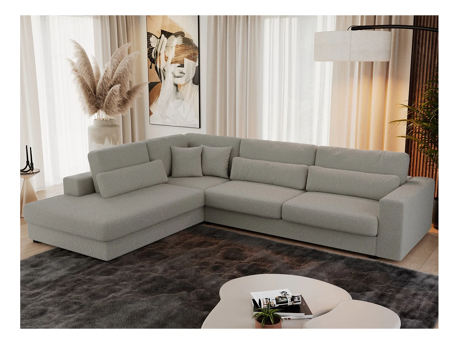 Ecksofa SAVONA - mit Armlehnen, lose Kissen, große L-förmige Ecke, Wohnlandschaft - Grau Boucle - Ecke Links