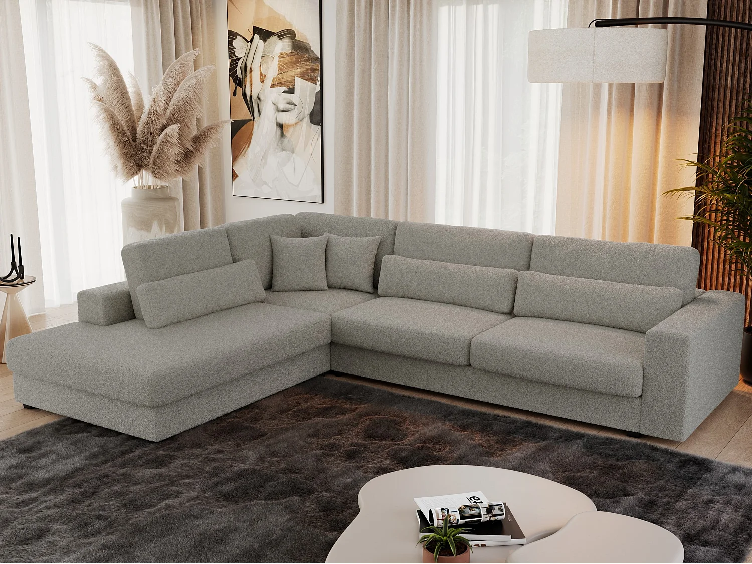 Ecksofa SAVONA - mit Armlehnen, lose Kissen, große L-förmige Ecke, Wohnlandschaft - Grau Boucle - Ecke Links