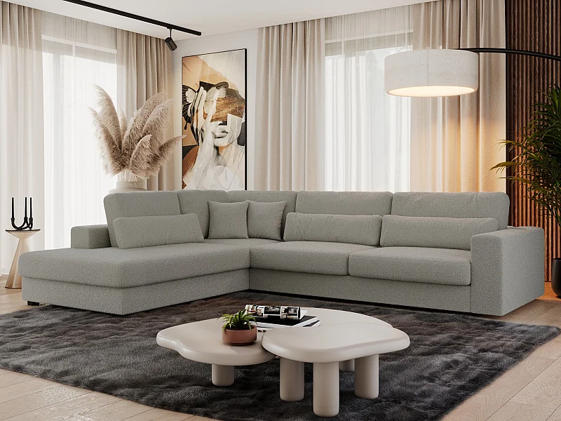 Ecksofa SAVONA - mit Armlehnen, lose Kissen, große L-förmige Ecke, Wohnlandschaft - Grau Boucle - Ecke Links