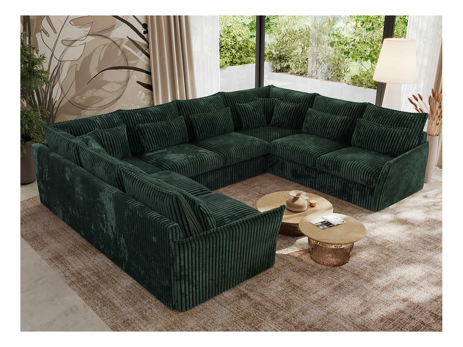 Ecksofa VERSO U8M - modulare U-förmige Ecke mit Armlehnen, Wohnlandschaft, Ecksofa XXL, lose Kissen - Grün Cord