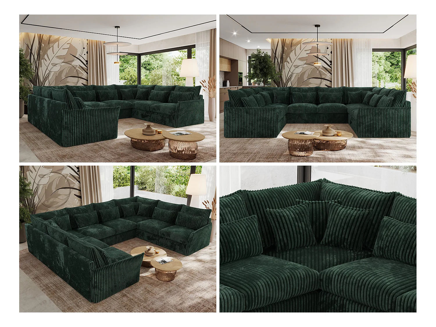 Ecksofa VERSO U8M - modulare U-förmige Ecke mit Armlehnen, Wohnlandschaft, Ecksofa XXL, lose Kissen - Grün Cord