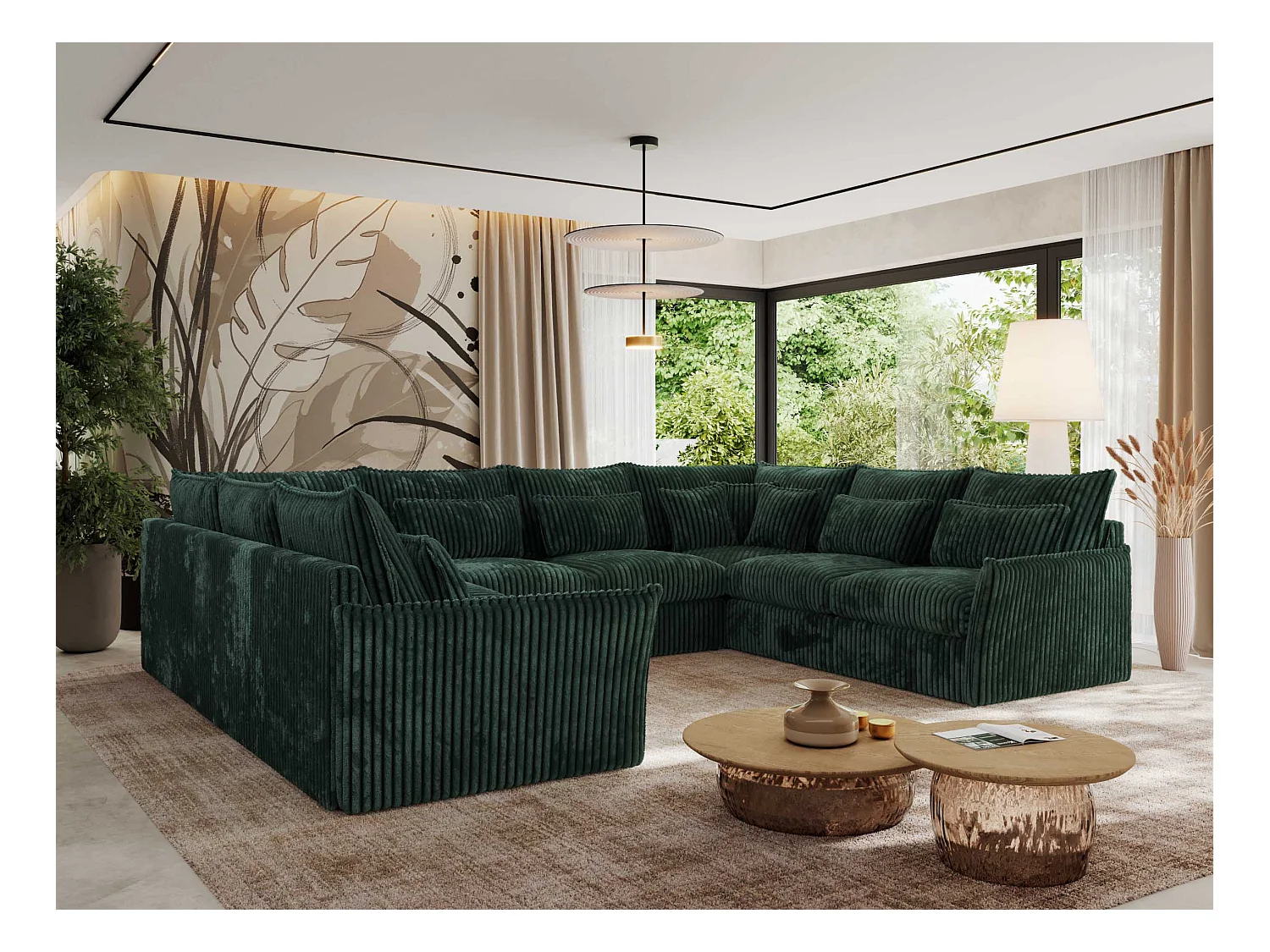 Ecksofa VERSO U8M - modulare U-förmige Ecke mit Armlehnen, Wohnlandschaft, Ecksofa XXL, lose Kissen - Grün Cord