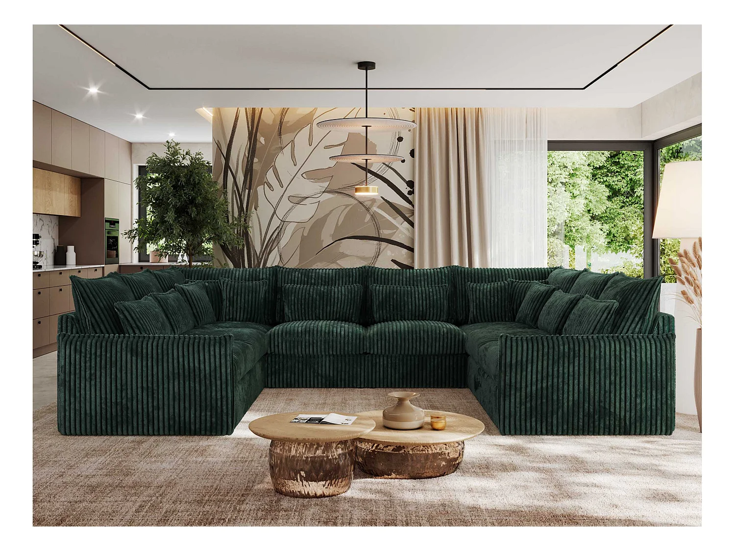 Ecksofa VERSO U8M - modulare U-förmige Ecke mit Armlehnen, Wohnlandschaft, Ecksofa XXL, lose Kissen - Grün Cord