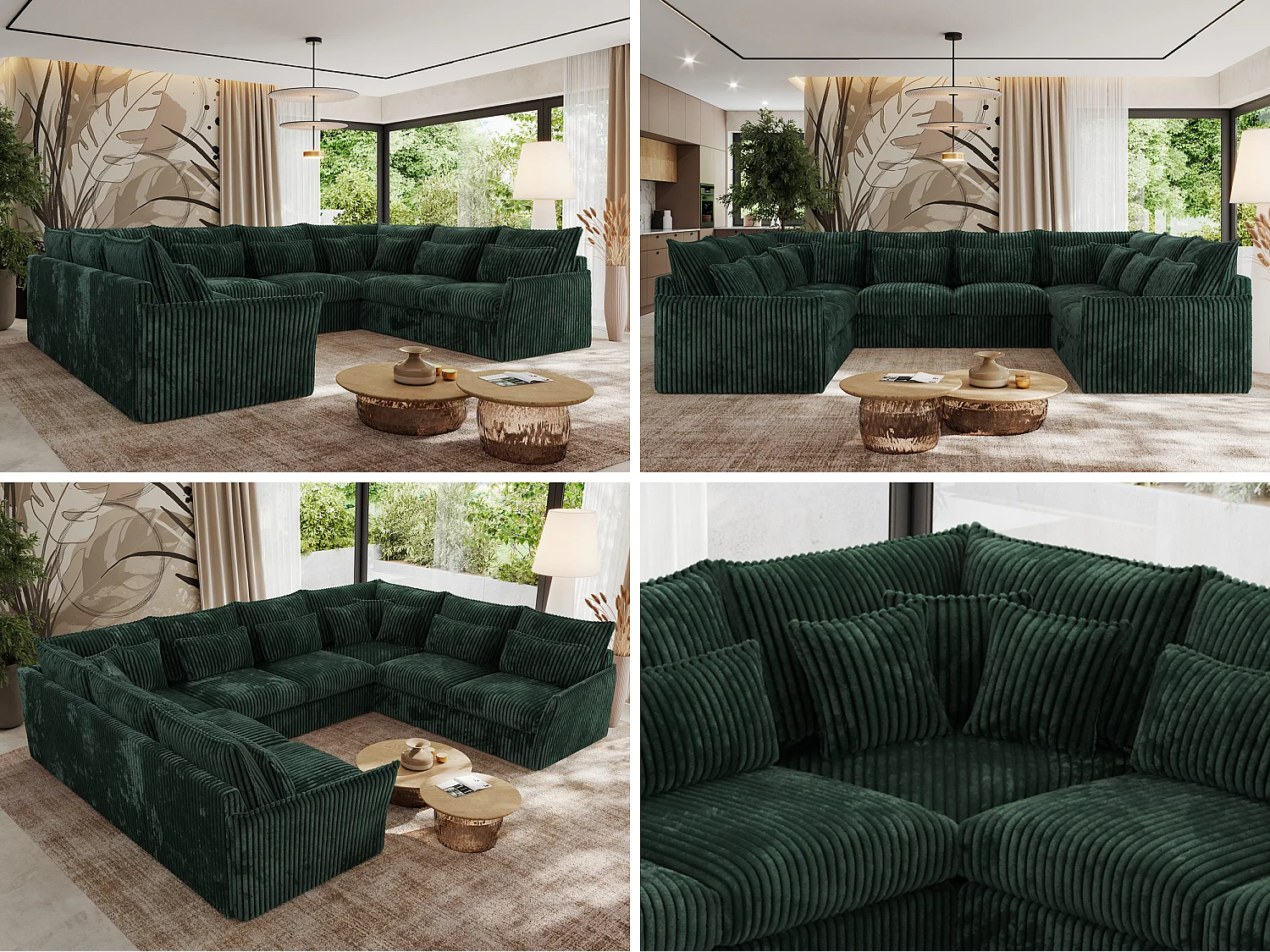 Ecksofa VERSO U8M - modulare U-förmige Ecke mit Armlehnen, Wohnlandschaft, Ecksofa XXL, lose Kissen - Grün Cord