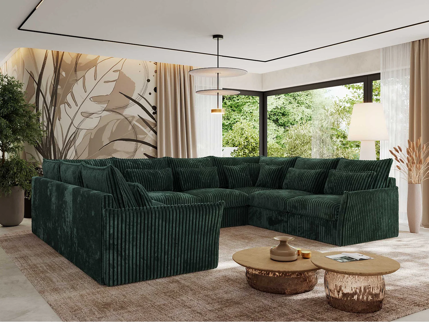 Ecksofa VERSO U8M - modulare U-förmige Ecke mit Armlehnen, Wohnlandschaft, Ecksofa XXL, lose Kissen - Grün Cord