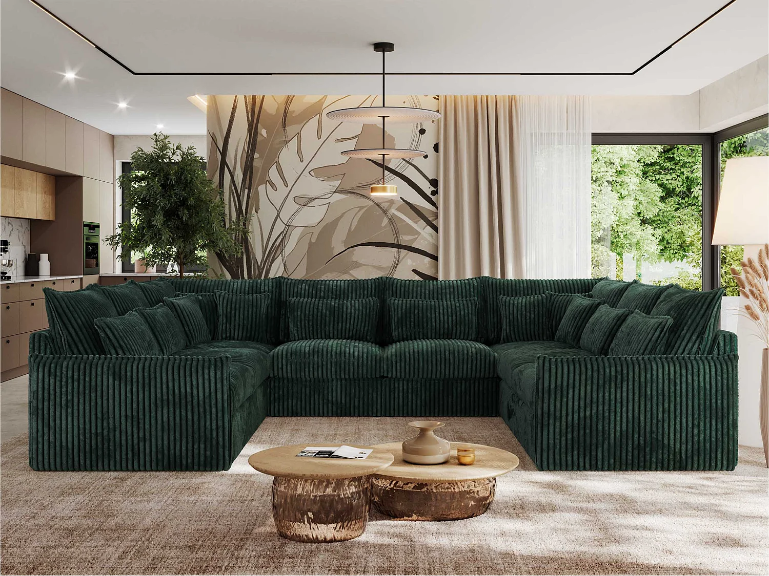 Ecksofa VERSO U8M - modulare U-förmige Ecke mit Armlehnen, Wohnlandschaft, Ecksofa XXL, lose Kissen - Grün Cord