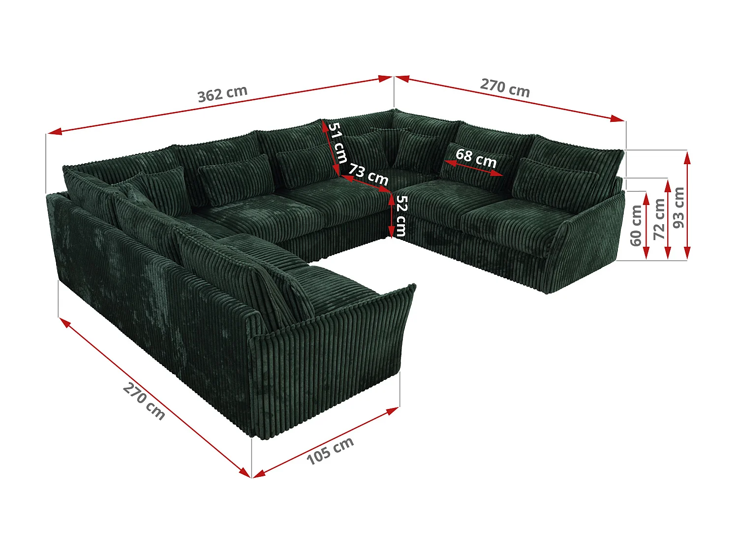 Ecksofa VERSO U8M - modulare U-förmige Ecke mit Armlehnen, Wohnlandschaft, Ecksofa XXL, lose Kissen - Grün Cord