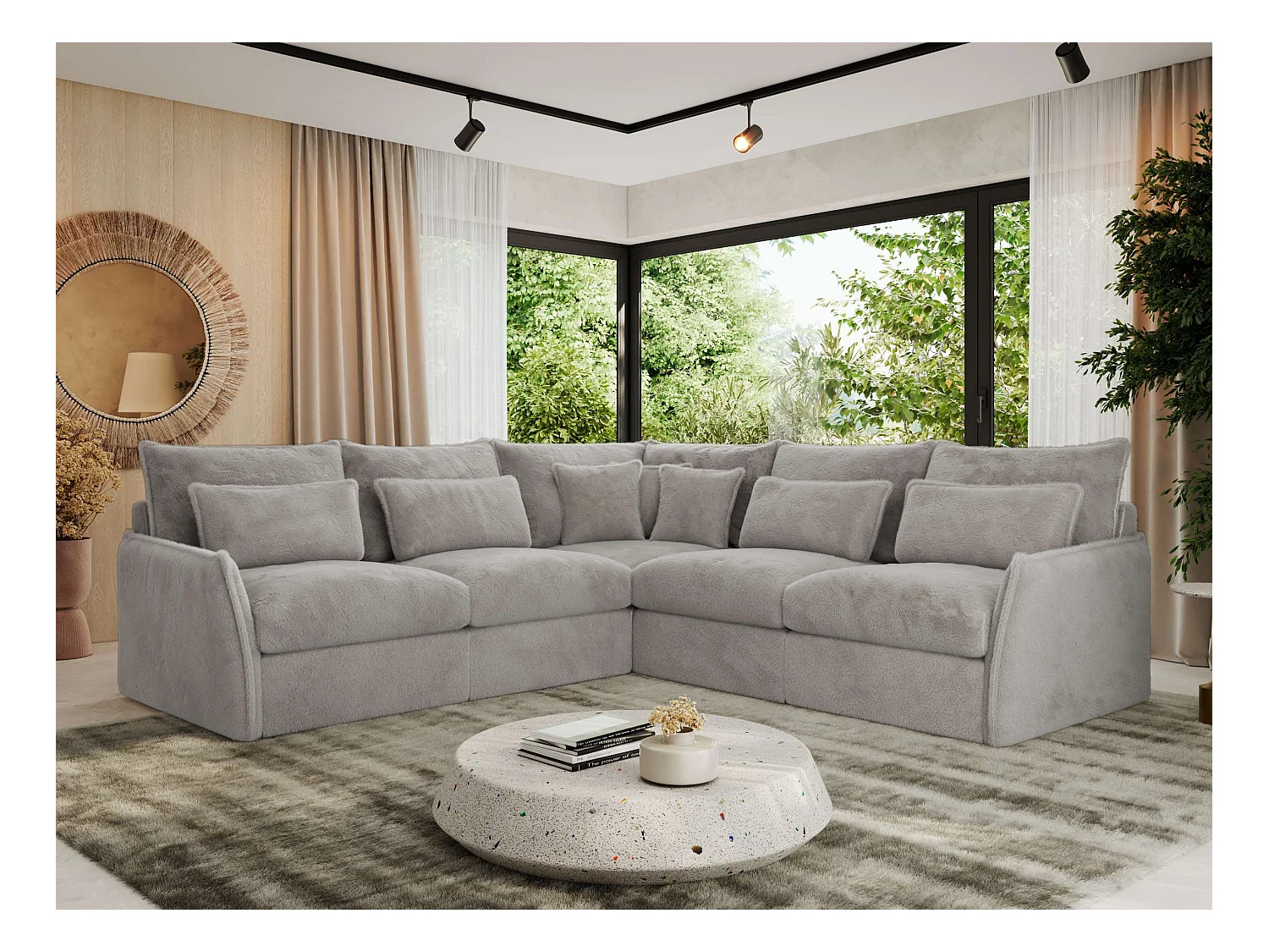 Ecksofa VERSO - modulare L-förmige Ecke, lose Kissen, Wohnlandschaft - Hellgrau Plüsch