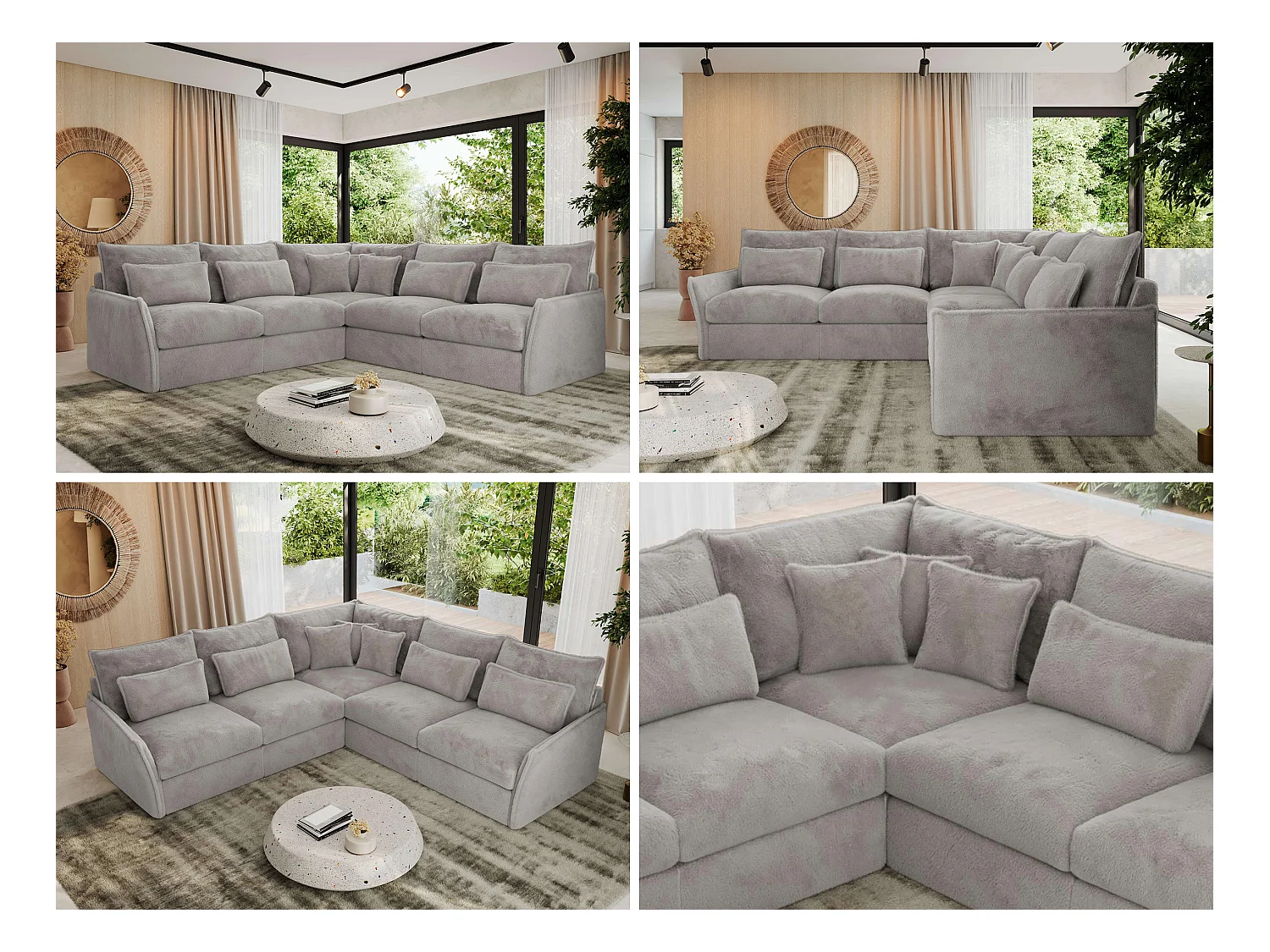 Ecksofa VERSO - modulare L-förmige Ecke, lose Kissen, Wohnlandschaft - Hellgrau Plüsch