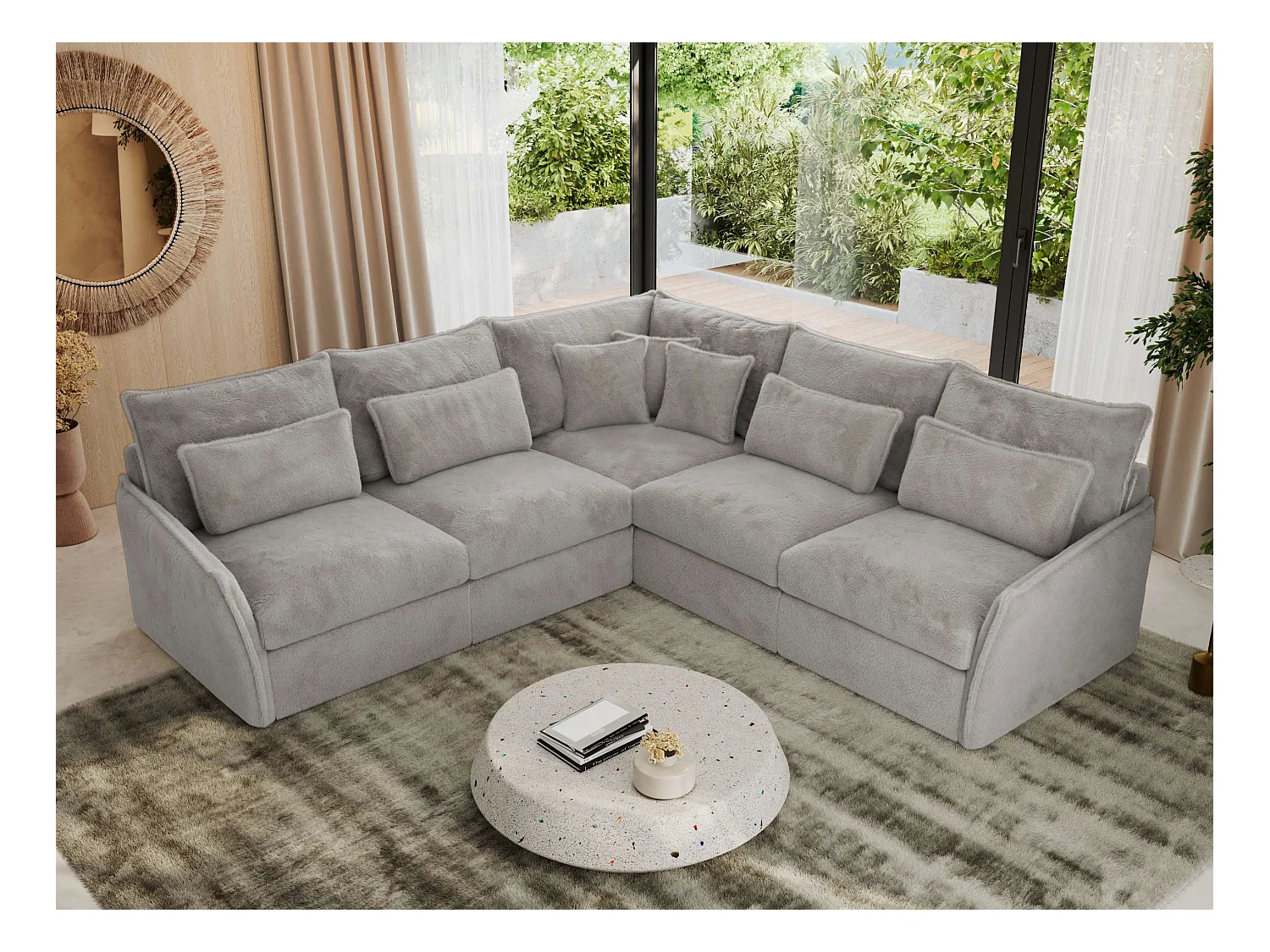 Ecksofa VERSO - modulare L-förmige Ecke, lose Kissen, Wohnlandschaft - Hellgrau Plüsch