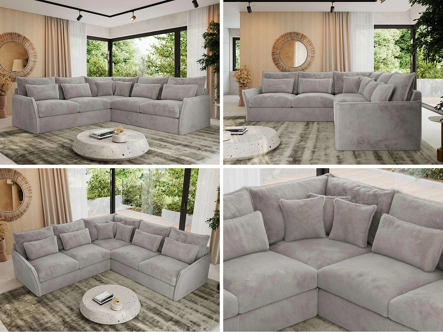 Ecksofa VERSO - modulare L-förmige Ecke, lose Kissen, Wohnlandschaft - Hellgrau Plüsch