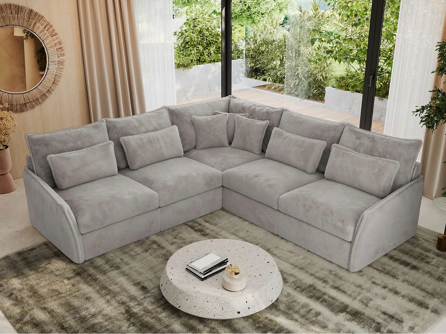 Ecksofa VERSO - modulare L-förmige Ecke, lose Kissen, Wohnlandschaft - Hellgrau Plüsch