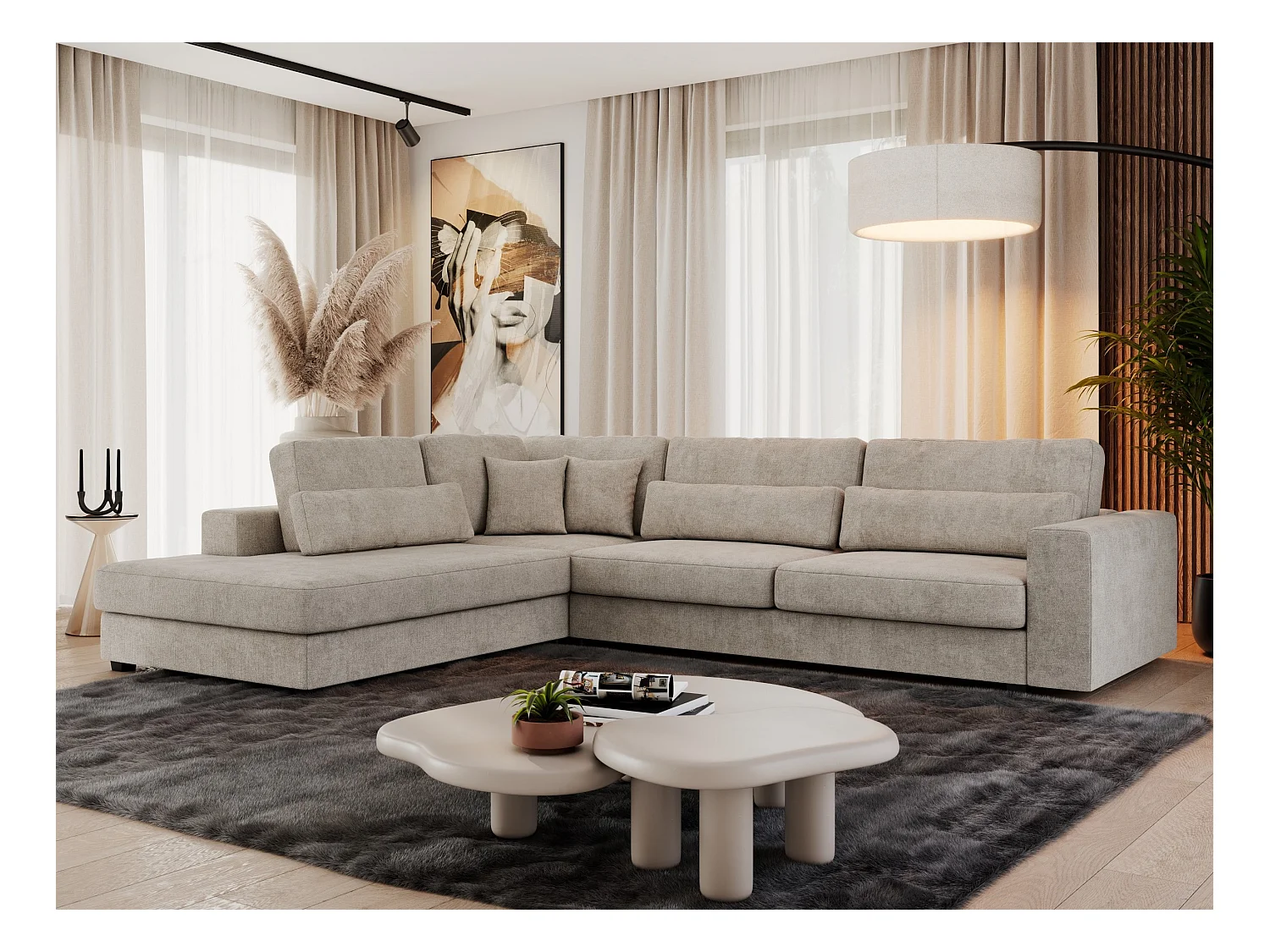 Ecksofa SAVONA - mit Armlehnen, lose Kissen, große L-förmige Ecke, Wohnlandschaft - Beige Strukture - Ecke Links