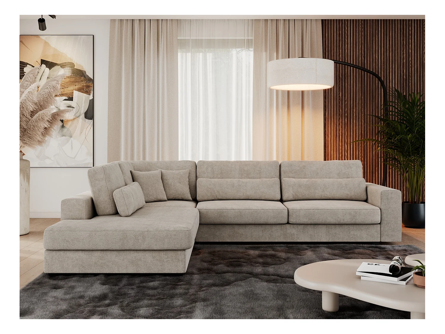 Ecksofa SAVONA - mit Armlehnen, lose Kissen, große L-förmige Ecke, Wohnlandschaft - Beige Strukture - Ecke Links
