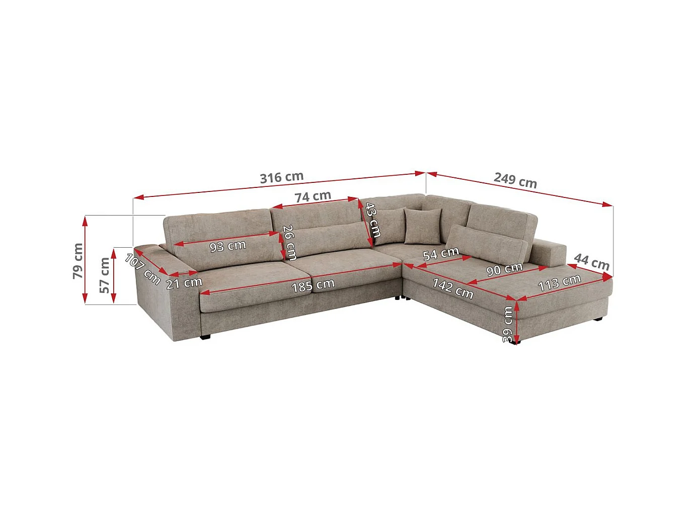 Ecksofa SAVONA - mit Armlehnen, lose Kissen, große L-förmige Ecke, Wohnlandschaft - Beige Strukture - Ecke Links