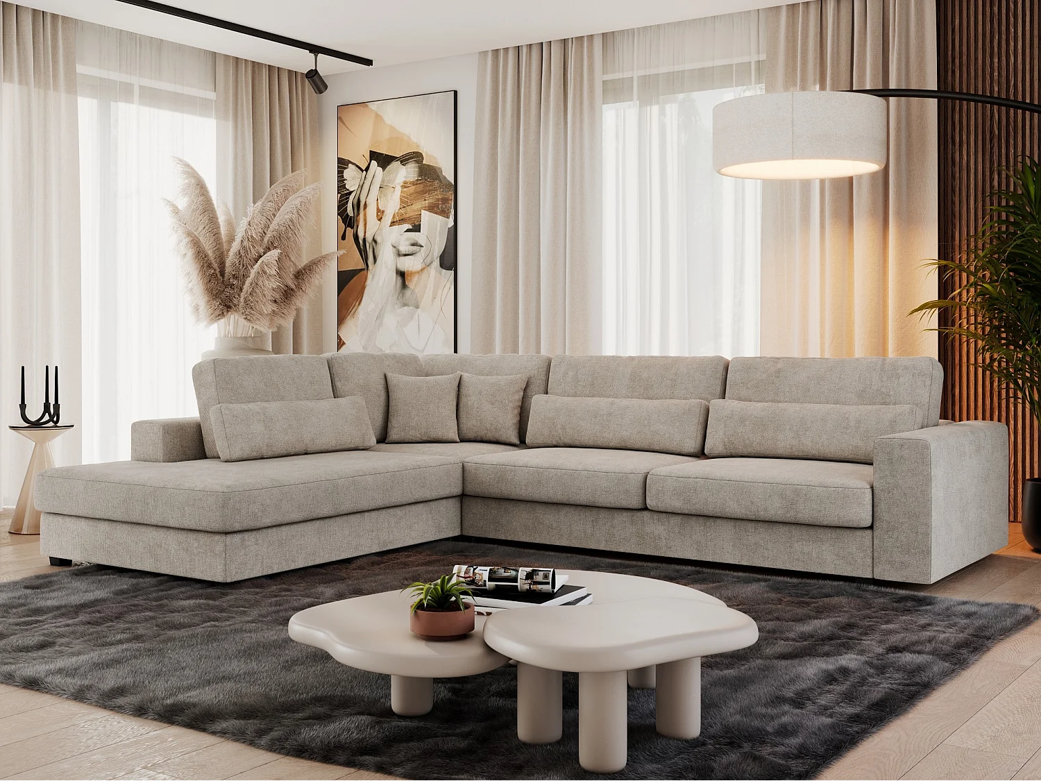 Ecksofa SAVONA - mit Armlehnen, lose Kissen, große L-förmige Ecke, Wohnlandschaft - Beige Strukture - Ecke Links