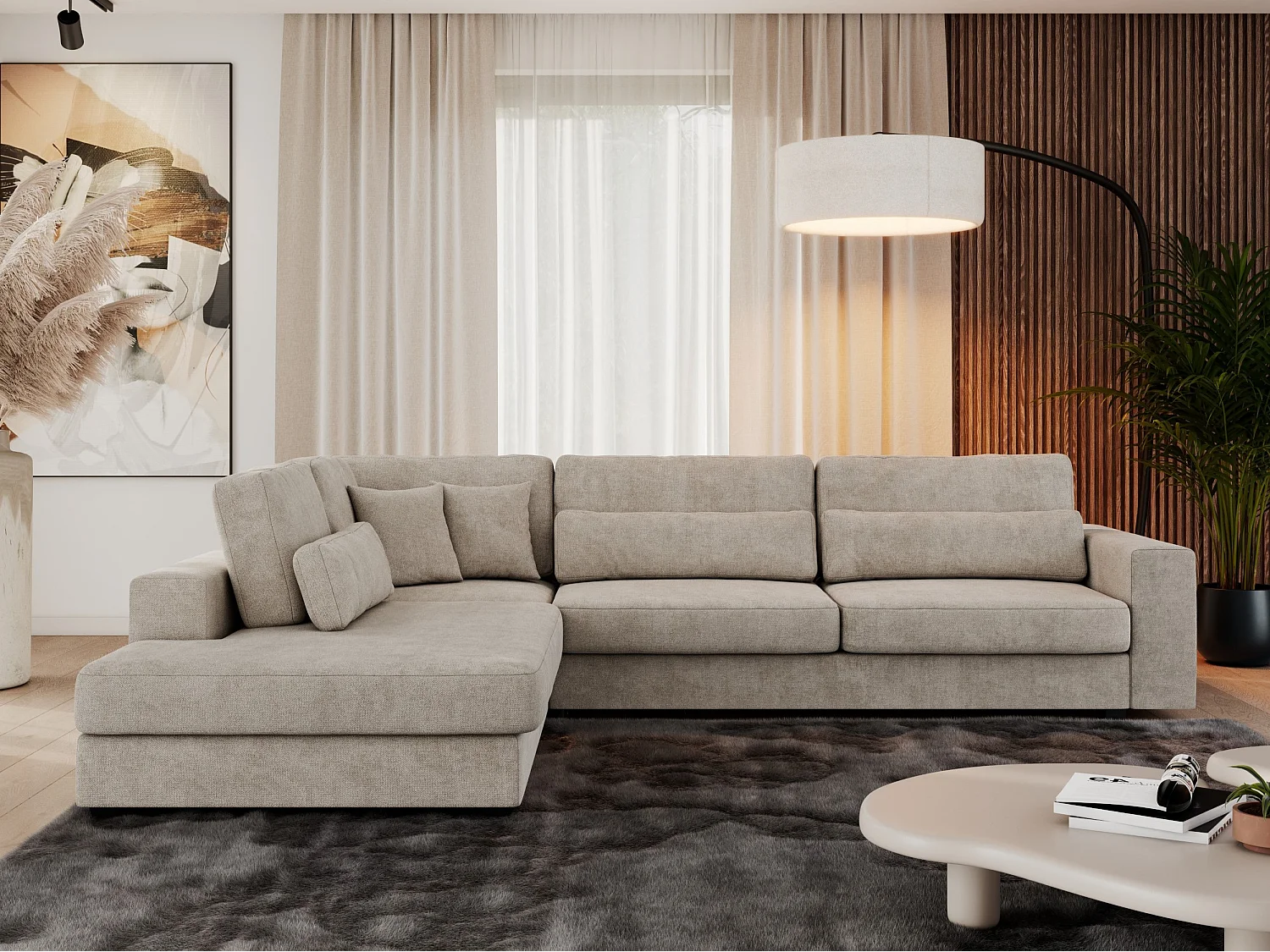 Ecksofa SAVONA - mit Armlehnen, lose Kissen, große L-förmige Ecke, Wohnlandschaft - Beige Strukture - Ecke Links
