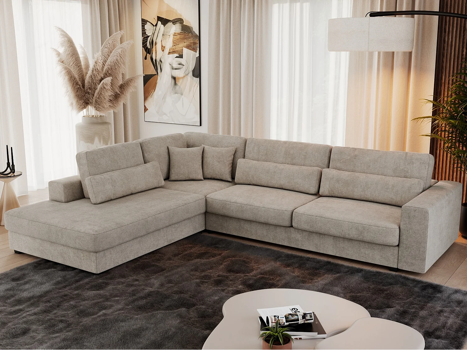 Ecksofa SAVONA - mit Armlehnen, lose Kissen, große L-förmige Ecke, Wohnlandschaft - Beige Strukture - Ecke Links