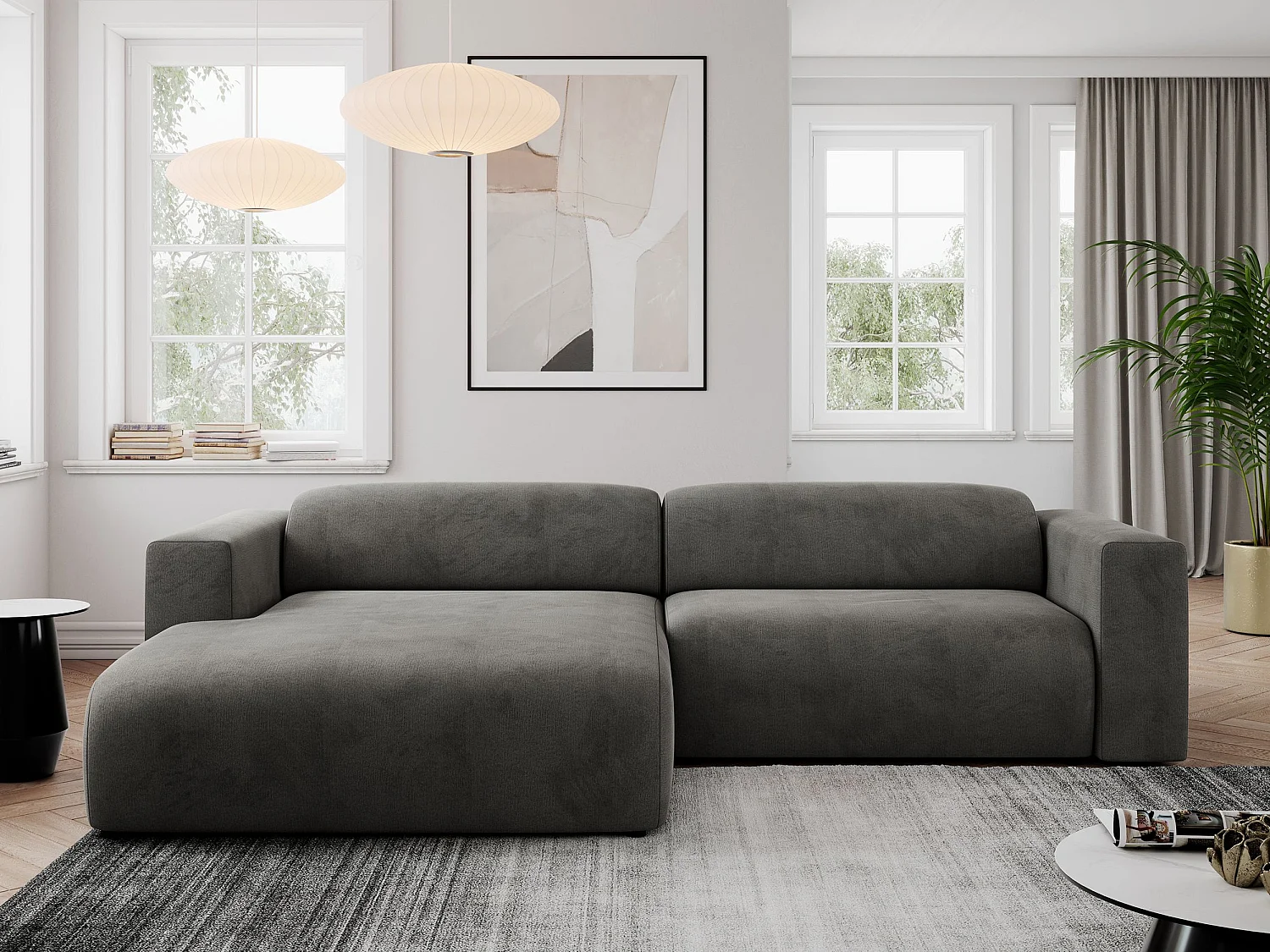 Ecksofa PASADENA - mit Armlehnen, Wohnlandschaft, freistehendes Sofa, große Ecke - Dunkelgrau Velvet - Ecke Links
