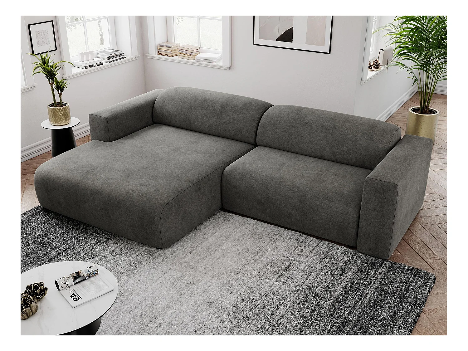 Ecksofa PASADENA - mit Armlehnen, Wohnlandschaft, freistehendes Sofa, große Ecke - Dunkelgrau Velvet - Ecke Links