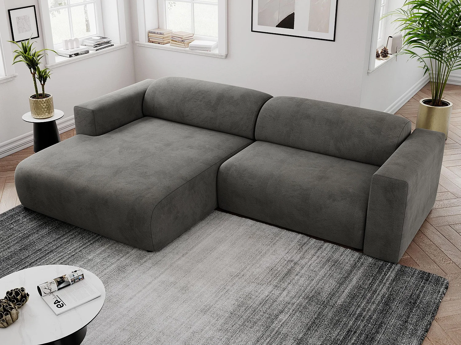 Ecksofa PASADENA - mit Armlehnen, Wohnlandschaft, freistehendes Sofa, große Ecke - Dunkelgrau Velvet - Ecke Links
