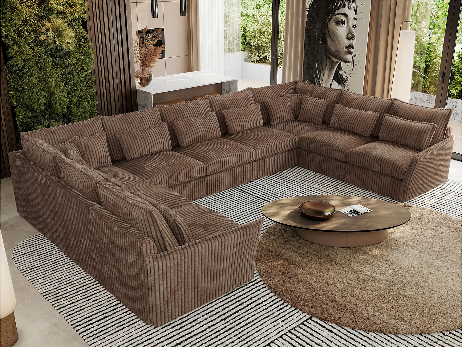 Ecksofa VERSO U9M - XXL Wohnlandschaft Ecke, modulare, Armlehnen und lose Kissen - Braun Cord