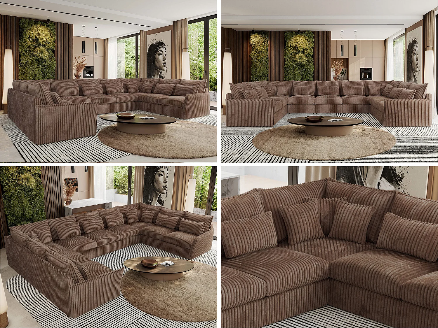Ecksofa VERSO U9M - XXL Wohnlandschaft Ecke, modulare, Armlehnen und lose Kissen - Braun Cord