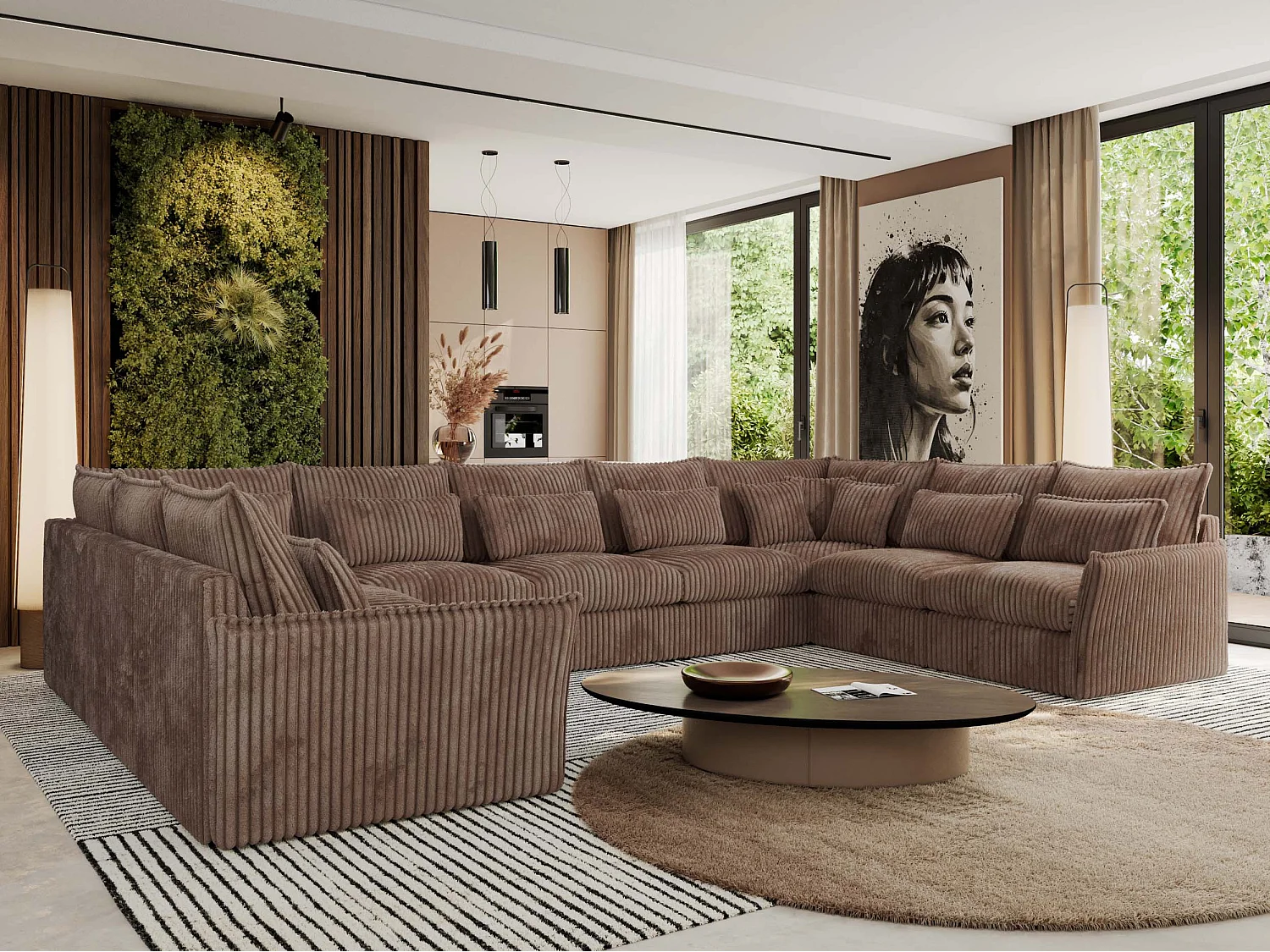 Ecksofa VERSO U9M - XXL Wohnlandschaft Ecke, modulare, Armlehnen und lose Kissen - Braun Cord