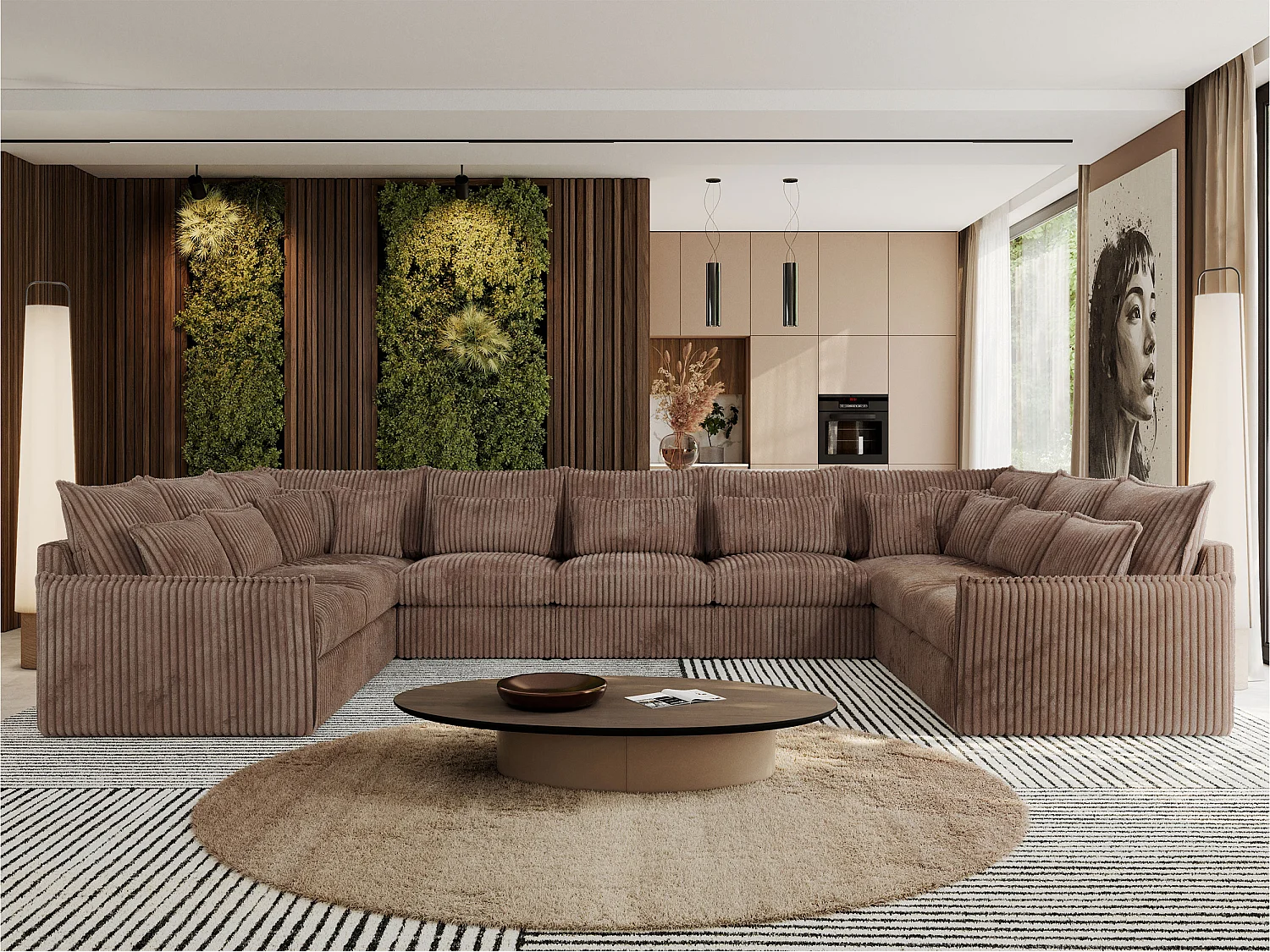 Ecksofa VERSO U9M - XXL Wohnlandschaft Ecke, modulare, Armlehnen und lose Kissen - Braun Cord