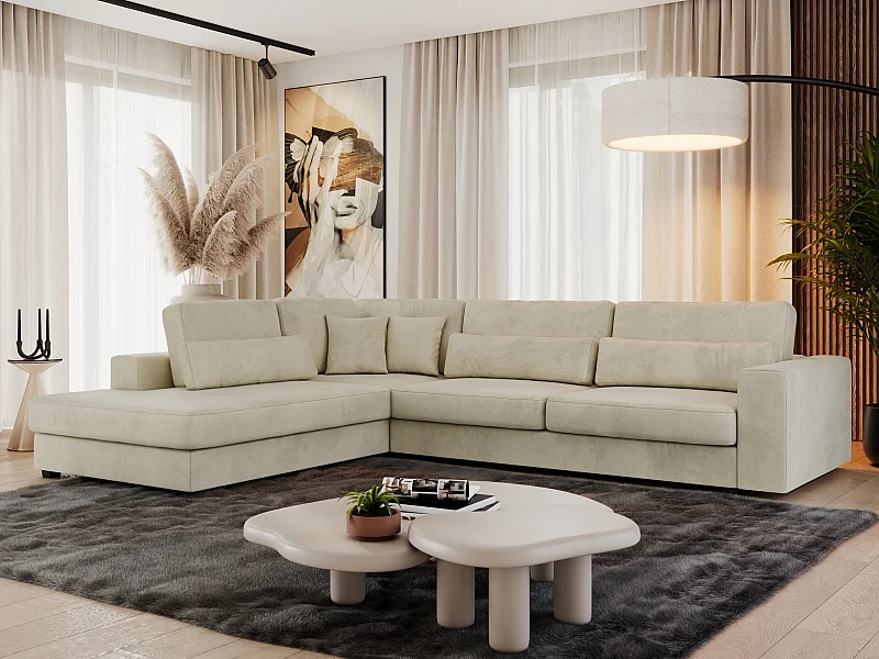 Ecksofa SAVONA - mit Armlehnen, lose Kissen, große L-förmige Ecke, Wohnlandschaft - Beige Velvet - Ecke Links