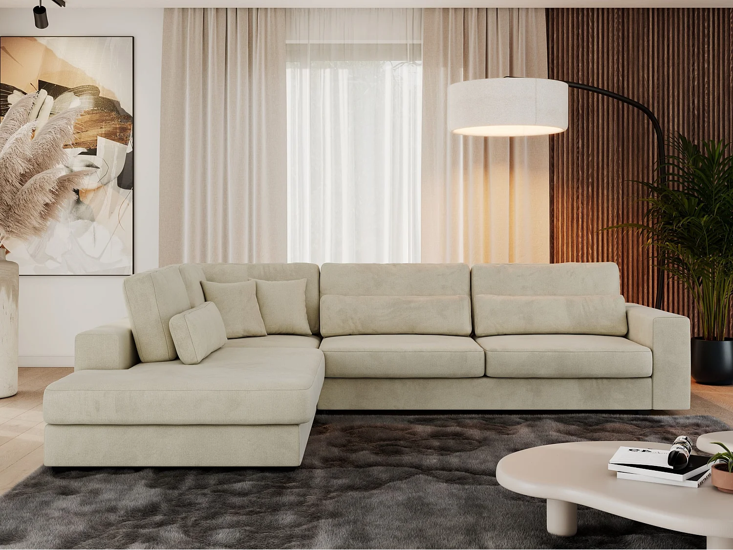 Ecksofa SAVONA - mit Armlehnen, lose Kissen, große L-förmige Ecke, Wohnlandschaft - Beige Velvet - Ecke Links