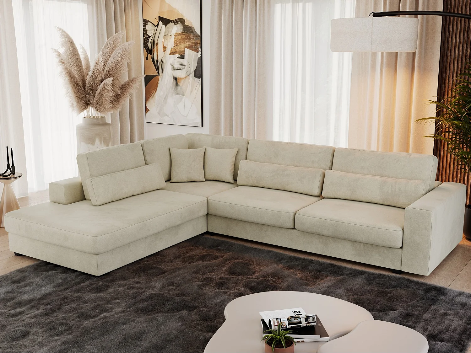 Ecksofa SAVONA - mit Armlehnen, lose Kissen, große L-förmige Ecke, Wohnlandschaft - Beige Velvet - Ecke Links