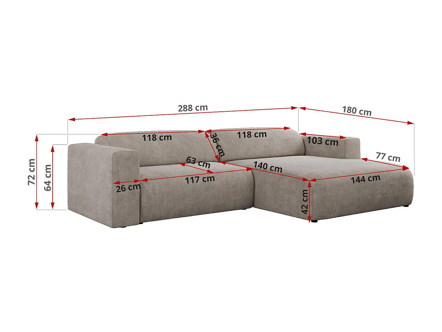 Ecksofa PASADENA - mit Armlehnen, Wohnlandschaft, freistehendes Sofa, große Ecke - Beige Stukture - Ecke Links