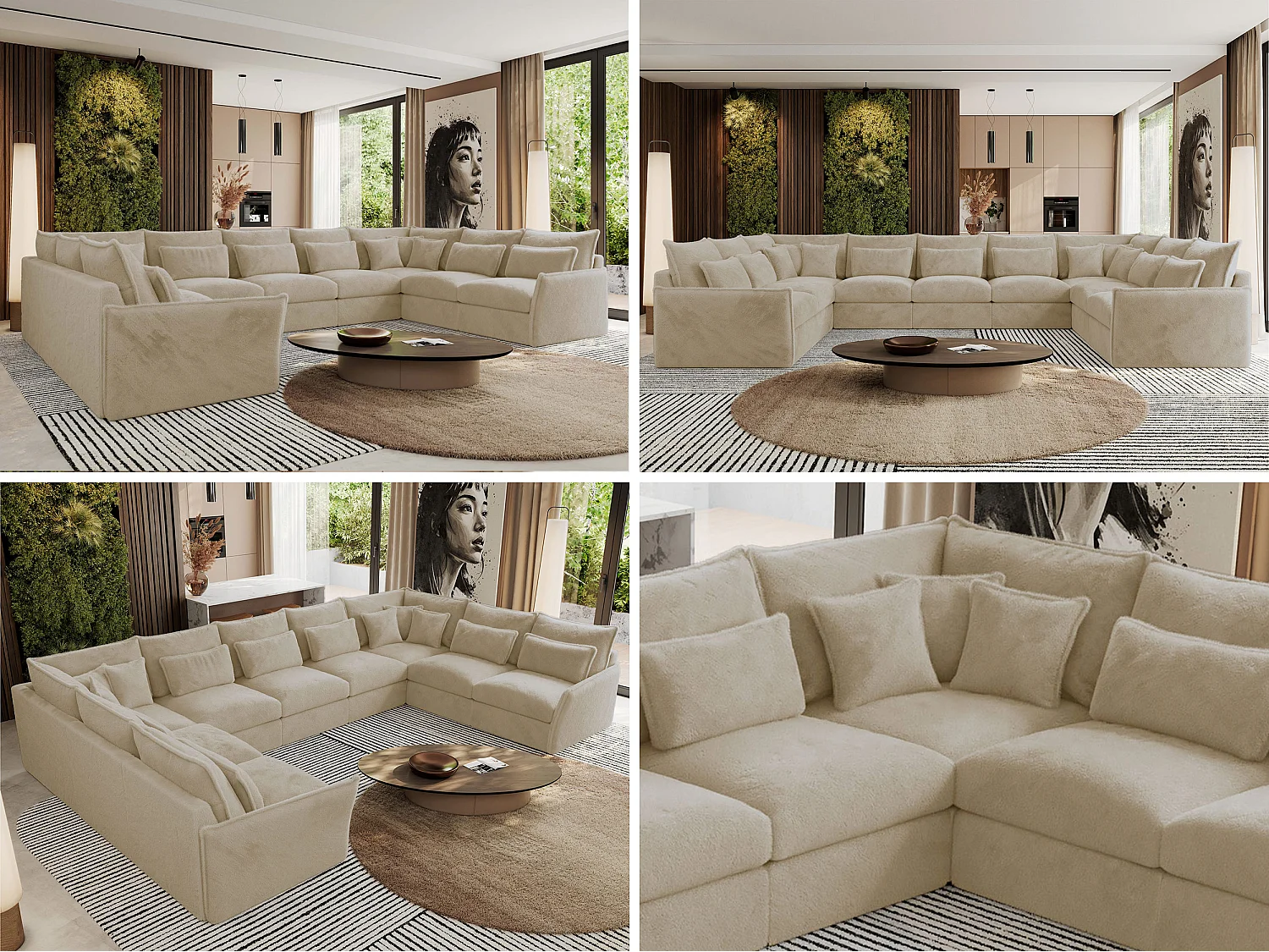 Ecksofa VERSO U9M - XXL Wohnlandschaft Ecke, modulare, Armlehnen und lose Kissen - Creme Plüsch